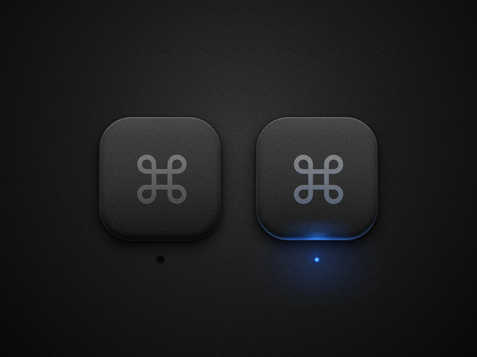 Two Command keys on the same dark ground: lamp off on the left, blue underglow on the right.
